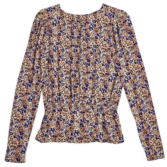 Ramy Brook Size Small Blouse V Neck Leopard Floral Peplum Hem Long Sleeve Top - Picture 4 of 6